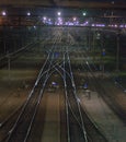 Night shooting of the crossing on the railway tracks, the bridging of the roads at the station flickers in the lights. Royalty Free Stock Photo