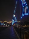 Night Shooting of Sail Stylized LED Decorative Lights Located Along the Bridge, Lights and Blurry Shadows Royalty Free Stock Photo