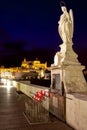 Night shot of Archangel Raphael statue on roman bridge at Cordoba, Andalusia