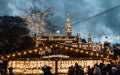 Night shot of Christmas markets at Rathausplatz, the text Wiener Christkindlmarkt, town hall in the background Royalty Free Stock Photo