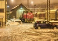 Night shot of a diesel freight locomotive in Rauma, Finland