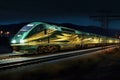 night shot of high-speed train lit up with streaks of light