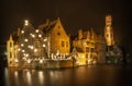 Night shot of historic medieval buildings in Bruges, Belgium Royalty Free Stock Photo