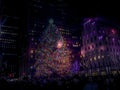 Night shot of illuminate Christmas tree on display at Rockefeller Center. Royalty Free Stock Photo