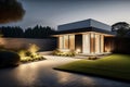 Night shot of a minimalist modern bungalow with a steep garden and big clean lawn in front of the entrance, made with generative