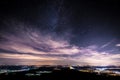 Night shot of the stars and clouds sky from the Zeller Horn in Bisingen Hechingen with view to the knight castle Burg Hohenzollern Royalty Free Stock Photo