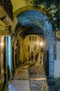 Night shot of a tunnel in a narrow, lonely alley with cobblestone flooring with unrecognizable people strolling and glowing from t