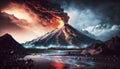Night shot of a volcano erupting on the edge of a plain with a river bed, spewing lava, ash and smoke, made with generative ai