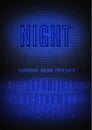 Night sign and blue neon narrow bold font with numbers on vector dark brick wall background. Deep night light alphabet