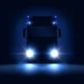 Night silhouette big semi truck with bright headlights and semi riding on the dark night background, front view, vector