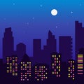 Night silhouette of buildings with colorful windows, full moon,stars, cartoon style Royalty Free Stock Photo