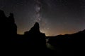 Night silhouette of mountains with the milky way behind. Monfrague natural park