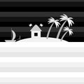 Tropical island in the ocean with house, boat and palm trees in monochrome style. Relaxing night landscape. Royalty Free Stock Photo