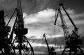 Night silhouettes of cargo cranes in the sea port black & white photo Royalty Free Stock Photo