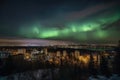 a night sky, with aurora dancing above a city skyline