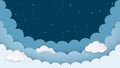 Night sky background with clouds and stars. Dark night cloudscape backdrop with copy-space. Cartoon paper art style. Vector