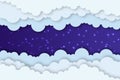 Night sky background with clouds and stars. Dark night cloudscape backdrop with copy-space. Cartoon paper art style. Vector Royalty Free Stock Photo