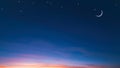 Night Sky Background with Crescent Moon and Star on beautiful romantic Twilight sky in widescreen view