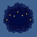 Night sky background with paper clouds and 3d stars. Square composition. Paper cut out and 3d realistic style