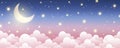 Night sky background. Starry dark gradient space. Crescent moon and clouds dreamy scene. Vector cute landscape panorama Royalty Free Stock Photo