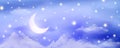 Night sky background. Starry dark gradient space. Crescent moon and clouds dreamy scene. Vector cute landscape panorama Royalty Free Stock Photo