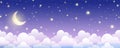 Night sky background. Starry dark gradient space. Crescent moon and clouds dreamy scene. Vector cute landscape panorama Royalty Free Stock Photo