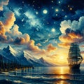 Night sky with beautiful sky, bright stars, fluffy clouds, mountains, sailing ship, gantly waves, painting, Van Gogh Royalty Free Stock Photo