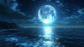 Night sky with blue moon in the clouds over the calm blue sea Royalty Free Stock Photo