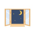 Night sky of city with moon, stars. Window in house. Royalty Free Stock Photo