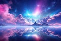 Night sky with clouds, aura and mountains reflected in water