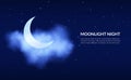 Night sky. Clouds and crescent. Stars constellation. Half moon in dark blue moonlight. Summer evening scene with Royalty Free Stock Photo