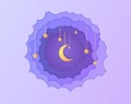 Night sky clouds round frame with stars on rope in paper cut style Royalty Free Stock Photo