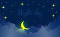 Night sky with clouds,stars and crescent.The magic of Eastern fairy tales and dreaminess.Flat design.Vector illustration Royalty Free Stock Photo