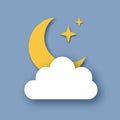 Night sky with crescent moon. Cloudy sky. Stars. Paper cut Weather. Royalty Free Stock Photo