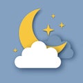 Night sky with crescent moon. Cloudy sky. Stars. Paper cut Weather.