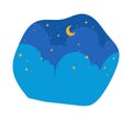 Night sky with crescent moon and stars. Dark blue cloudy background for bedtime stories. Tranquil and peaceful night