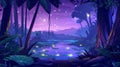 The night sky is dotted with fireflies in a swamp in a tropical forest. There are water lilies, ponds, trees trunks and Royalty Free Stock Photo