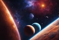 Night sky featuring several planets glowing against a backdrop of stars and the sun, AI-generated. Royalty Free Stock Photo