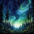 A night sky filled with stars and a green and blue aurora bore above a forest filled with trees and grass under a night sky