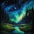A night sky filled with stars and a green and blue aurora bore above a forest filled with trees and grass under a night sky