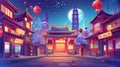 The night sky is filled with stars and the moon as a night scene at a Chinese street in a modern city. Cartoon Royalty Free Stock Photo