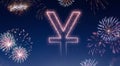 Night sky with fireworks shaped as a Yuan symbol.series Royalty Free Stock Photo