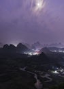 Night sky and fog in Yangshuo farm fields