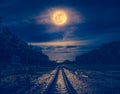 Night sky and full moon above silhouettes of trees and railway. Royalty Free Stock Photo