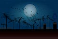 Night sky with full moon, flock birds and roof with many tv antennas. Silhouettes of different television receiver aerials on