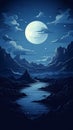 night sky with full moon and stars over mountains and river Royalty Free Stock Photo