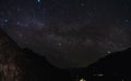 Night sky full of stars and milky way, with silhouette mountains at Hunza valley in Pakistan