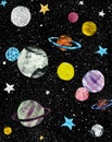 Night sky with hand painted stars and planets. Cosmos and space illustration. hand drawn graphics. Black dark background