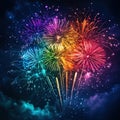 Explosive Rainbow Fireworks in Dark Night Sky with Empty Section Royalty Free Stock Photo