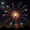 A night sky is illuminated by an intricate firework display resembling a spider on a Royalty Free Stock Photo
